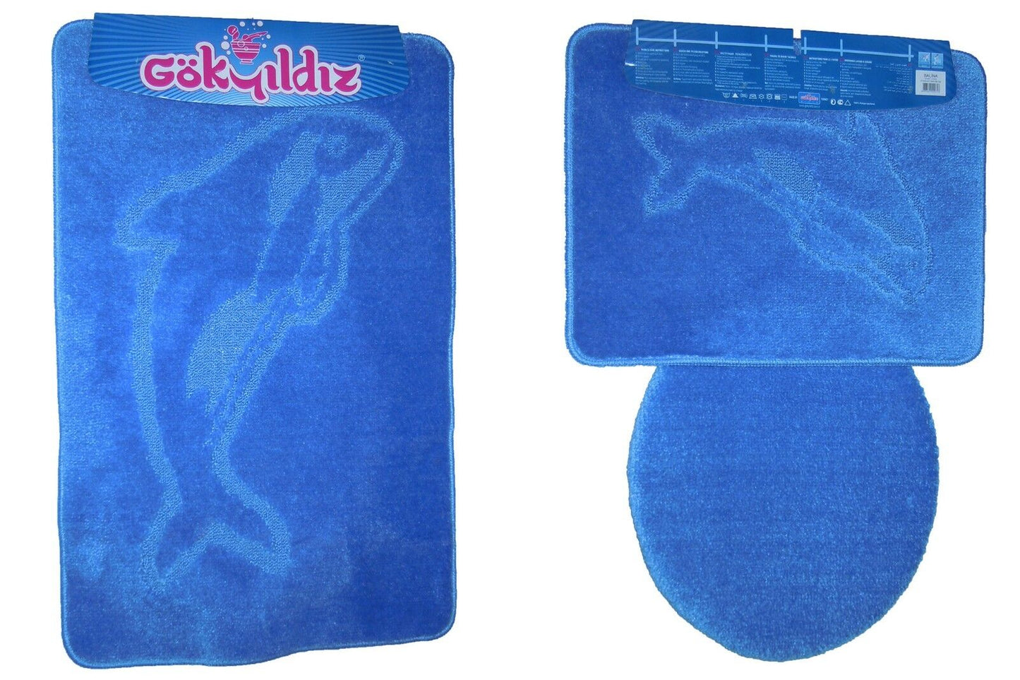 3-Teiliges Badgarnitur: 85x55 cm Delfin-Design Badematte und Hängendes WC-Set